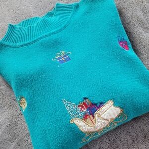 SOUTHERN LADY SIZE LARGE LADIES TEAL CHRISTMAS SWEATER HIGH NECK EUC STYLE 134E